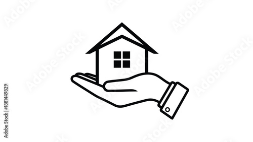 A hand holds a stylized house on a white background, symbolizing real estate.