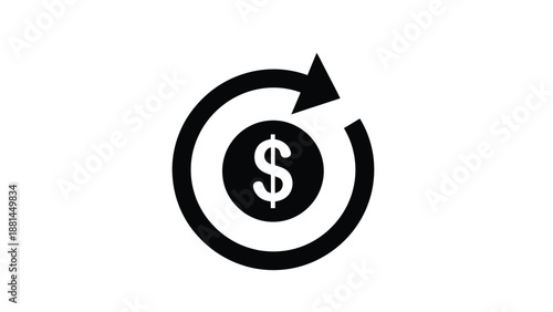 A black icon depicting a dollar coin with a circular arrow signifying a transaction or exchange.