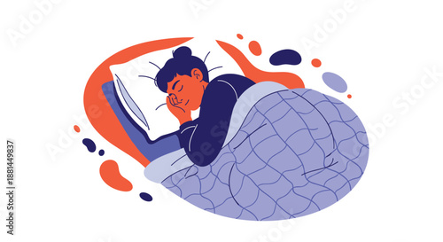 Woman sleeps peacefully under a blue patterned blanket on a white pillow while colorful abstract shapes float in the background space.