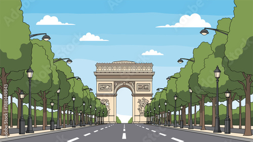 Detailed illustration of the famous Arc de Triomphe monument in Paris France surrounded by trees and street lamps under a clear blue sky.