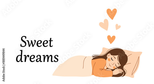 Sweet dreams message accompanies an illustration of a young girl sleeping soundly in bed with orange hearts floating above her head.