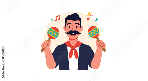 Enthusiastic man with a large mustache and red neckerchief plays colorful maracas while musical notes float around him in the air.