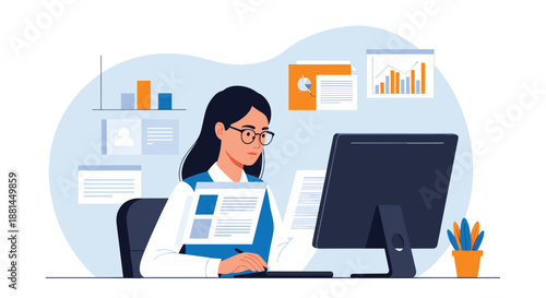 Serious businesswoman with glasses works at her desk with a computer while various data charts and graphs float in the background area.