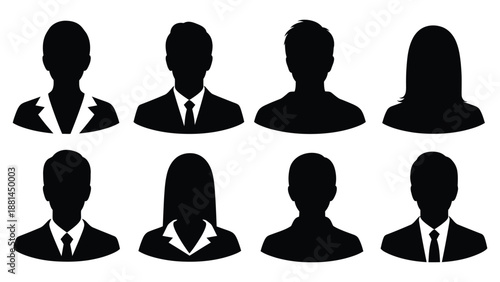 Silhouette avatars of business people are displayed in a grid.