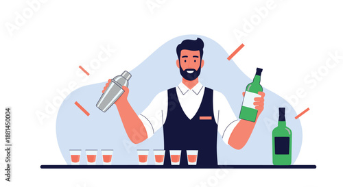 Professional male bartender standing behind the bar counter holding a cocktail shaker and liquor bottle with shot glasses.