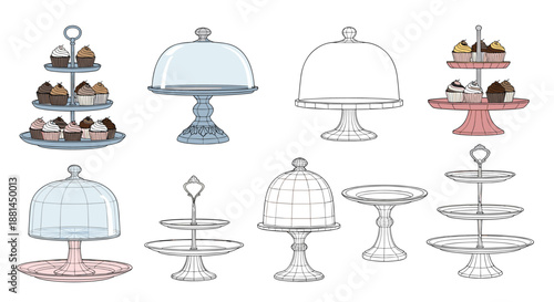 Collection of various tiered cupcake stands and elegant glass cake domes with delicious treats displayed on white background.