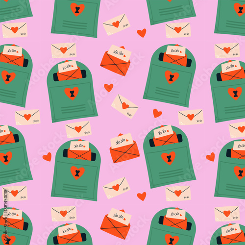 Seamless pattern with postbox, love letter elements for Valentines day. Doodle style isolated vector pattern.