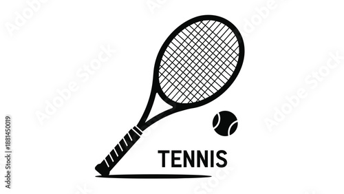 Black silhouette of a tennis racket with its handle pointing down and a tennis ball resting nearby on a simple surface.