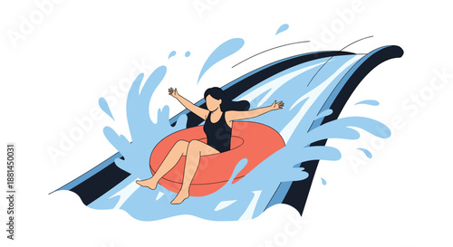 Young girl sliding down a blue water slide on an orange inflatable tube with water splashing all around her at a water park.