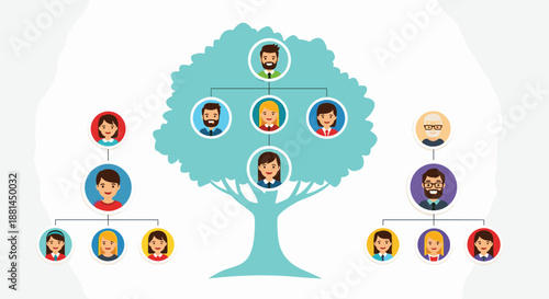 Visual representation of a family tree showing generational connections between various male and female family members in circles.