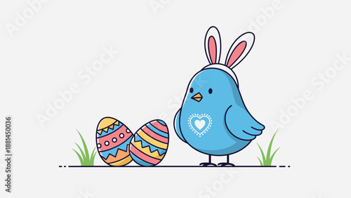 Cute blue bird wearing white bunny ears standing on green grass next to two decorated Easter eggs under a soft grey background illustration.