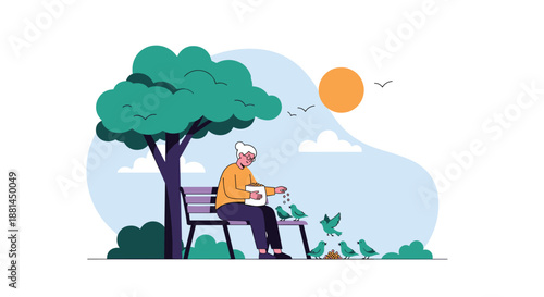 Senior woman sitting on a park bench under a large tree feeding a flock of small green birds on a sunny day with clouds.