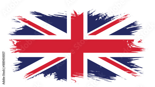 Distressed and grunge style United Kingdom flag with rough edges and artistic brush stroke texture on a white background.