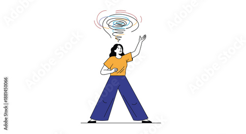 Woman in a yellow shirt and blue pants standing under a colorful swirling vortex representing confusion or mental stress.