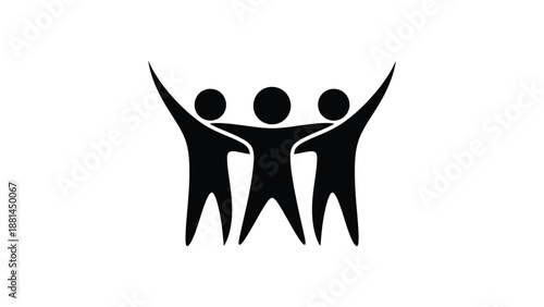 Three black figures with arms around each other stand in unity.