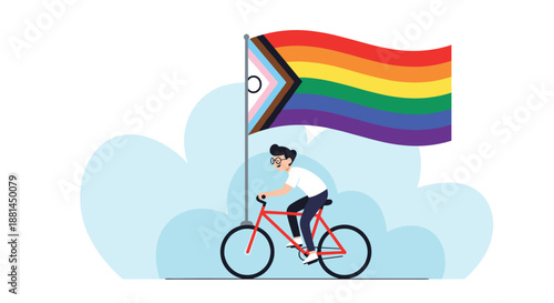 Young man riding a bicycle while carrying a large colorful progress pride flag against a soft blue cloud background.