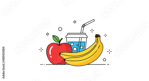 Healthy snack arrangement featuring a red apple, a bunch of bananas, and a cup of water with a straw in a clean line art style.