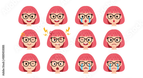 Set of twelve character portraits of a girl with pink hair and glasses showing various emotions from happy to sad.