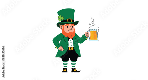 Classic Irish leprechaun wearing a green suit and top hat holding a large mug of frothy beer for Saint Patricks Day.