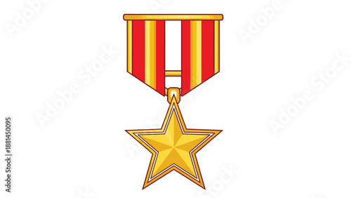 A golden star medal hangs from a red and gold striped ribbon.