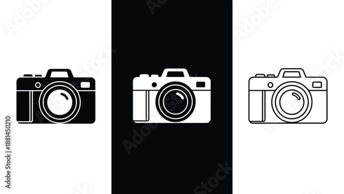 Three camera icons displayed on a black and white background.