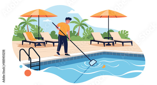 Young man using a pool net to clean a large resort swimming pool surrounded by palm trees and sun loungers.