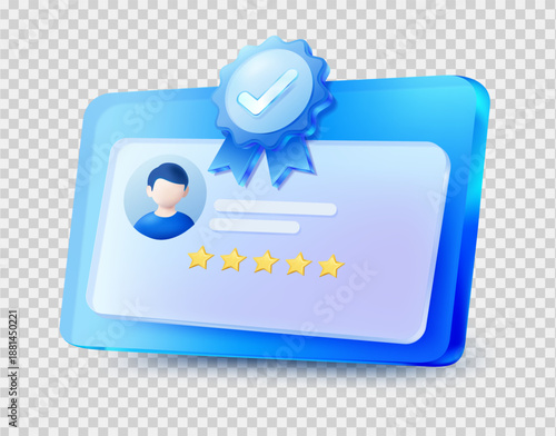Modern 3D glass certificate featuring user profile avatar, 5 star rating and blue quality checkmark badge. Glossy design for identity verification and professional achievement. Vector illustration.