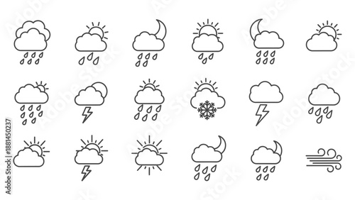 A collection of line art icons representing various weather conditions.