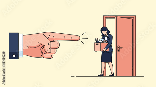 Large corporate hand pointing a dismissed businesswoman with her box of belongings towards an open door representing job loss and firing.