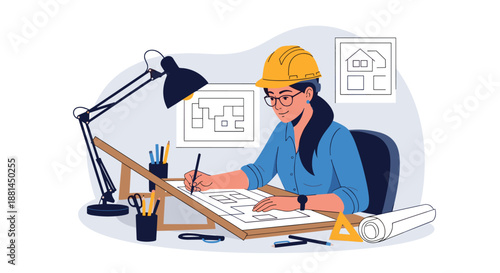 Female architect wearing a yellow hard hat and glasses working on blueprints at a drafting table in her office.