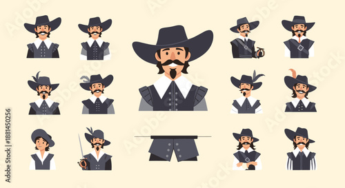 Large collection of portraits featuring men with different facial hair styles wearing black pilgrim-style hats and collars.