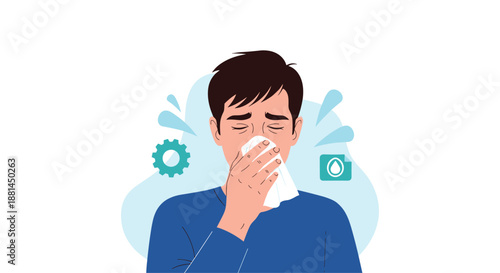 Man in a blue sweater sneezing into a white tissue with icons representing illness or medical care in the background.
