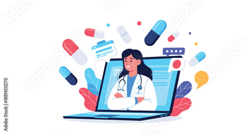 Female doctor in a white coat appearing on a laptop screen surrounded by floating colorful pills and chat icons.