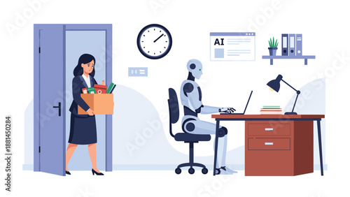 Modern workplace scene showing a sad woman leaving the office with her belongings while a robot takes over her job at the desk illustration.