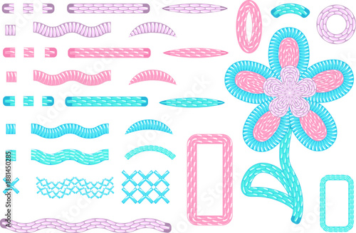Embroidery Stitch Vector Brush Set with Floral Elements Vector brush set with embroidery stitch effects, including cross stitch and satin stitch styles. Collection of decorative borders, frames, 