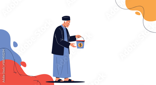 Man in traditional blue and black attire holding a blue bucket with a dollar sign for collecting charity or donations.