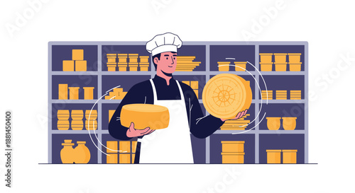 Expert cheesemaker in a white hat and apron showing two large rounds of artisanal cheese in front of shelves filled with cheese wheels.