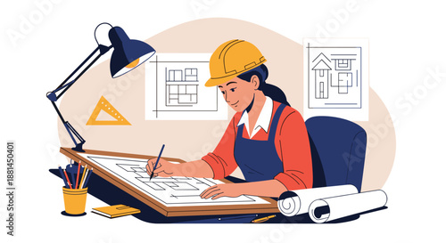 Professional female architect or engineer in a yellow hard hat and orange shirt diligently working on technical construction blueprints.