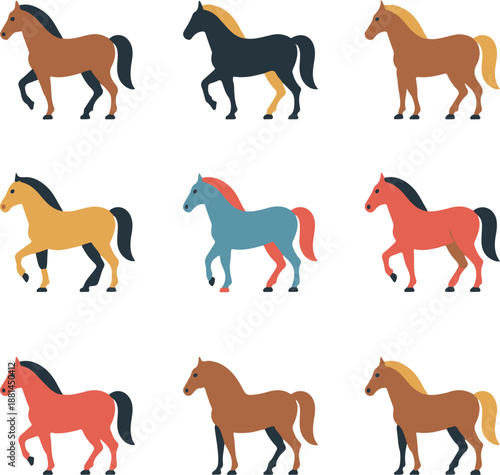 SET OF COLORFUL HORSE CHARACTER ICONS FLAT VECTOR ILLUSTRATION