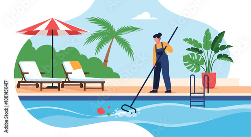 Maintenance worker using a long net to clean leaves and debris from a luxury swimming pool area with palm trees and lounge chairs.