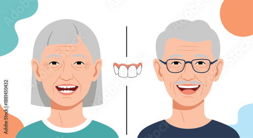 Happy senior couple smiling broadly and showing their healthy white teeth or dentures against a white background with colorful shapes.