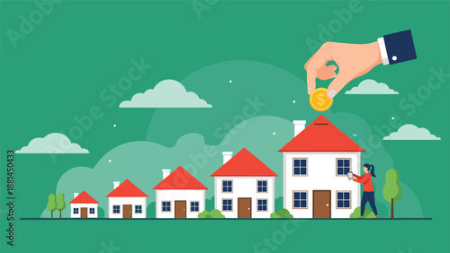 Real estate investment concept with a large hand dropping a gold coin into a house shaped piggy bank among a row of growing houses in size.