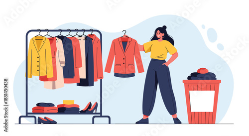 Young woman standing in front of a clothing rack and choosing an orange jacket while organizing her wardrobe in a blue abstract space.