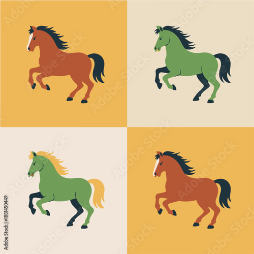 SET OF GALLOPING HORSE ILLUSTRATIONS IN FLAT ART STYLE VECTORS