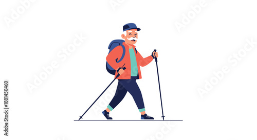 Active senior man with a mustache wearing a backpack and using trekking poles while hiking or walking for health on white background.