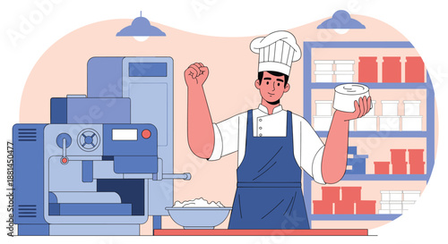 Proud male baker in a professional kitchen showing off a fresh round of white cheese or bread in front of shelves with food products.