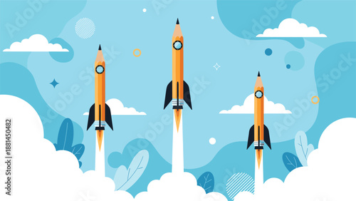 Creative concept illustration of three pencil rockets launching into a blue sky with clouds symbolizing education, creativity, and progress.
