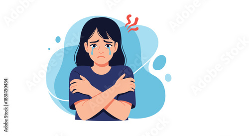 Sad young girl crying and crossing her arms while feeling cold or lonely against a blue abstract background with floating bubbles.