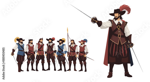Group of brave musketeers in historical costumes standing with their swords and a captain in the front ready for a heroic adventure.