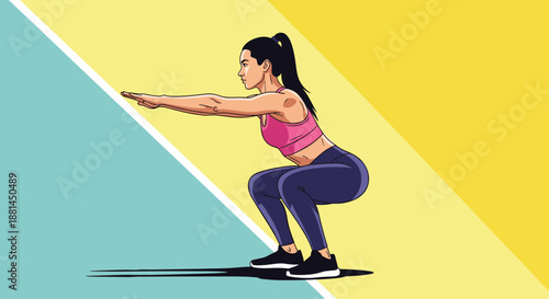 Fit woman in a pink sports top and blue leggings performing a deep squat exercise against a yellow and blue diagonal background.